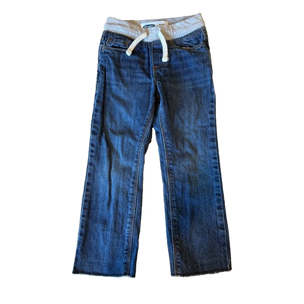 Old Navy Boys Size 4 Relaxed Dark Wash Blue Jeans Drawstring Waist Raw Hem